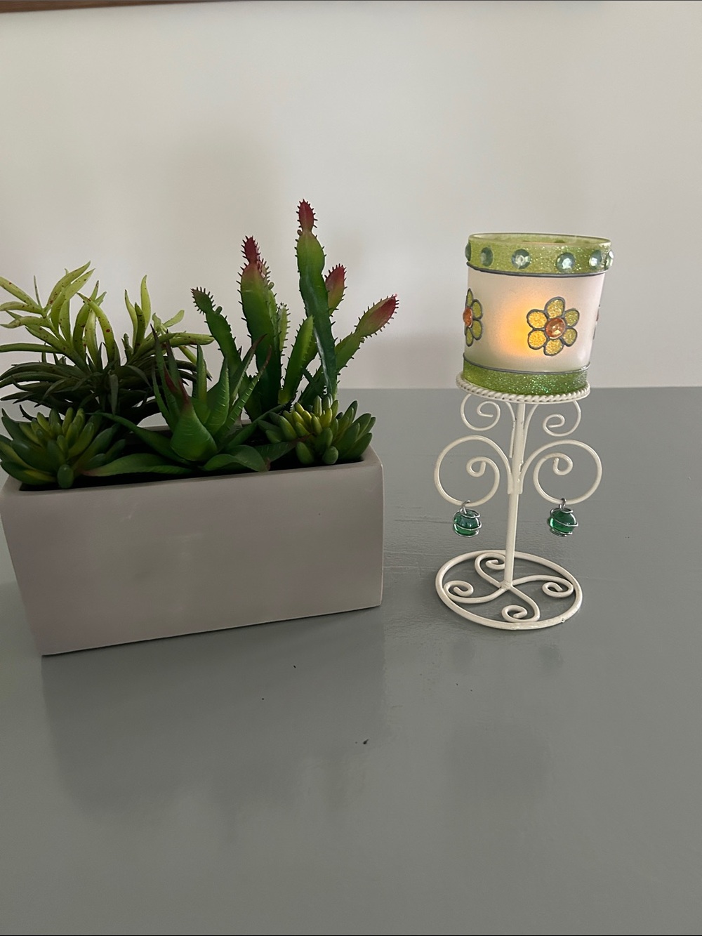 Tea Light green flowered candle holder with green gems H 8.5 inches